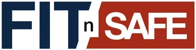 Logo horizontal de FITnSAFE avec les mots FIT en bleu et SAFE en rouge, représentant la santé, la forme et la sécurité à domicile