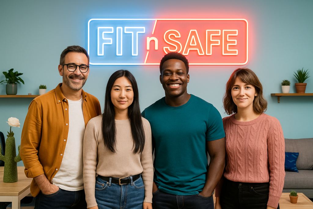Équipe FITnSAFE dans un bureau design avec logo en néon
