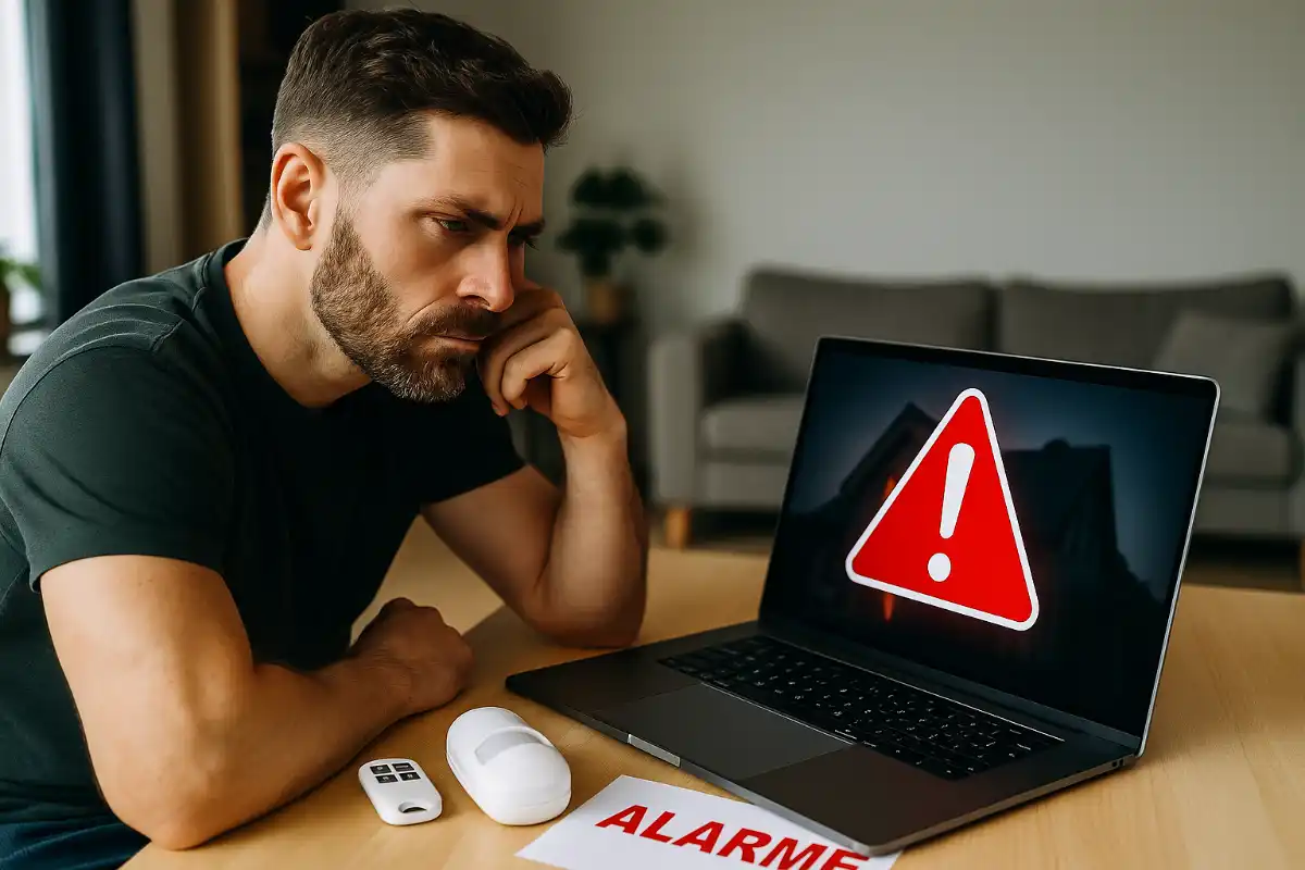 Un homme concentré analyse un signal d’alerte sur son ordinateur portable dans un intérieur moderne, avec du matériel d’alarme sur la table.