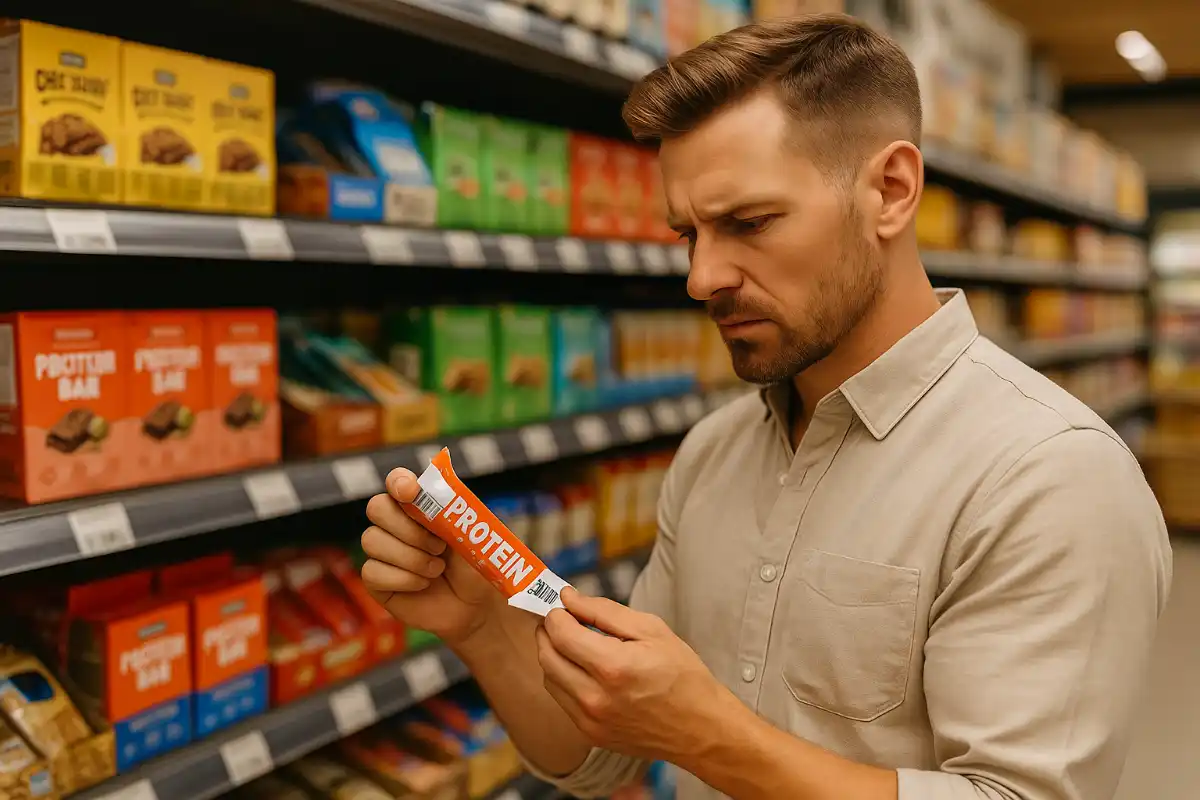 Homme en rayon de supermarché examinant attentivement la composition d’une barre protéinée, illustrant les barres protéinées à éviter