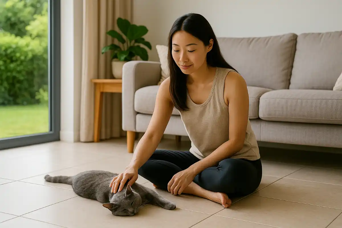 Nina caresse son chat allongé sur le carrelage frais pour le protéger de la canicule