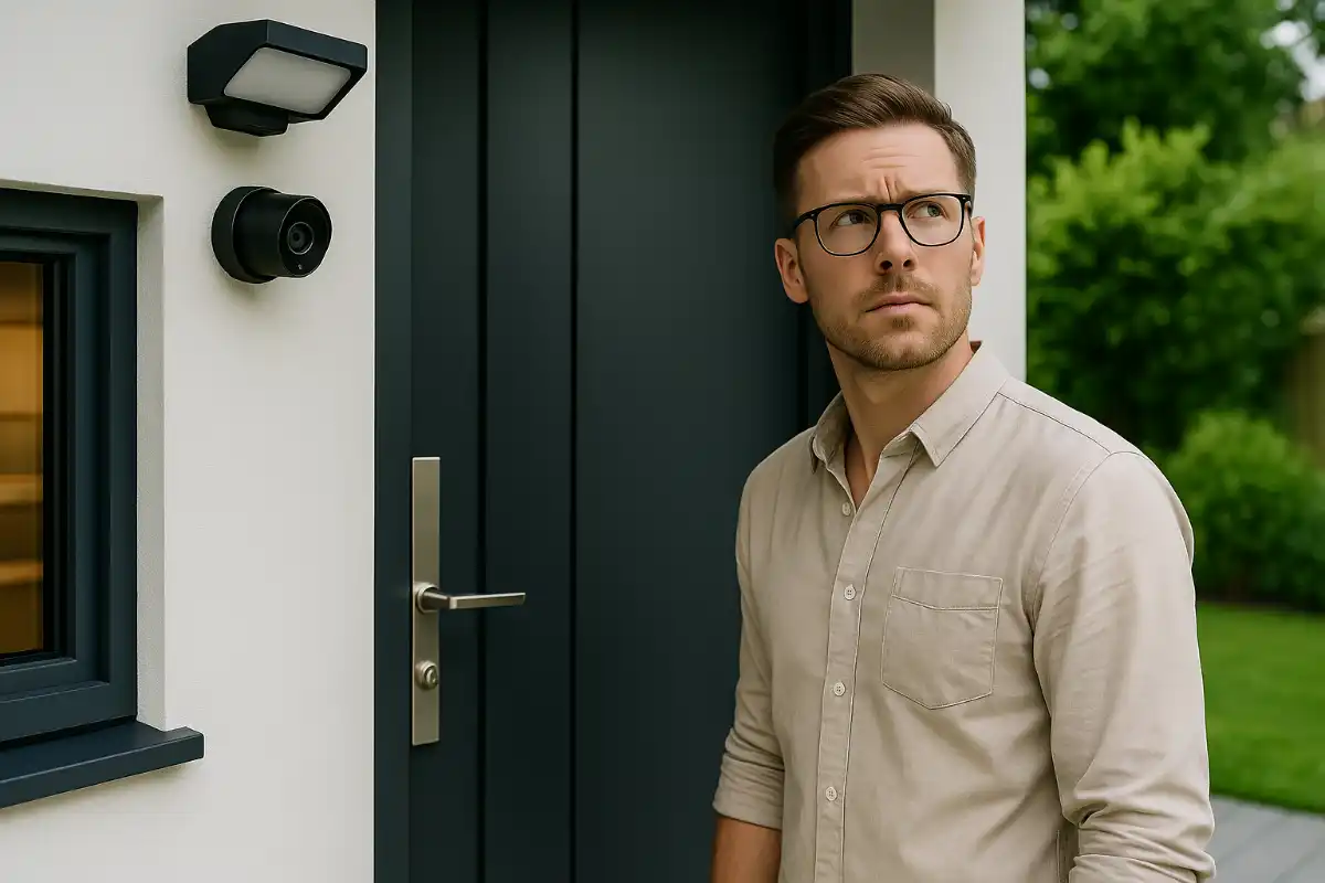 Homme réfléchissant devant la porte équipée de caméra et éclairage intelligent, illustrant les erreurs maison connectée à éviter