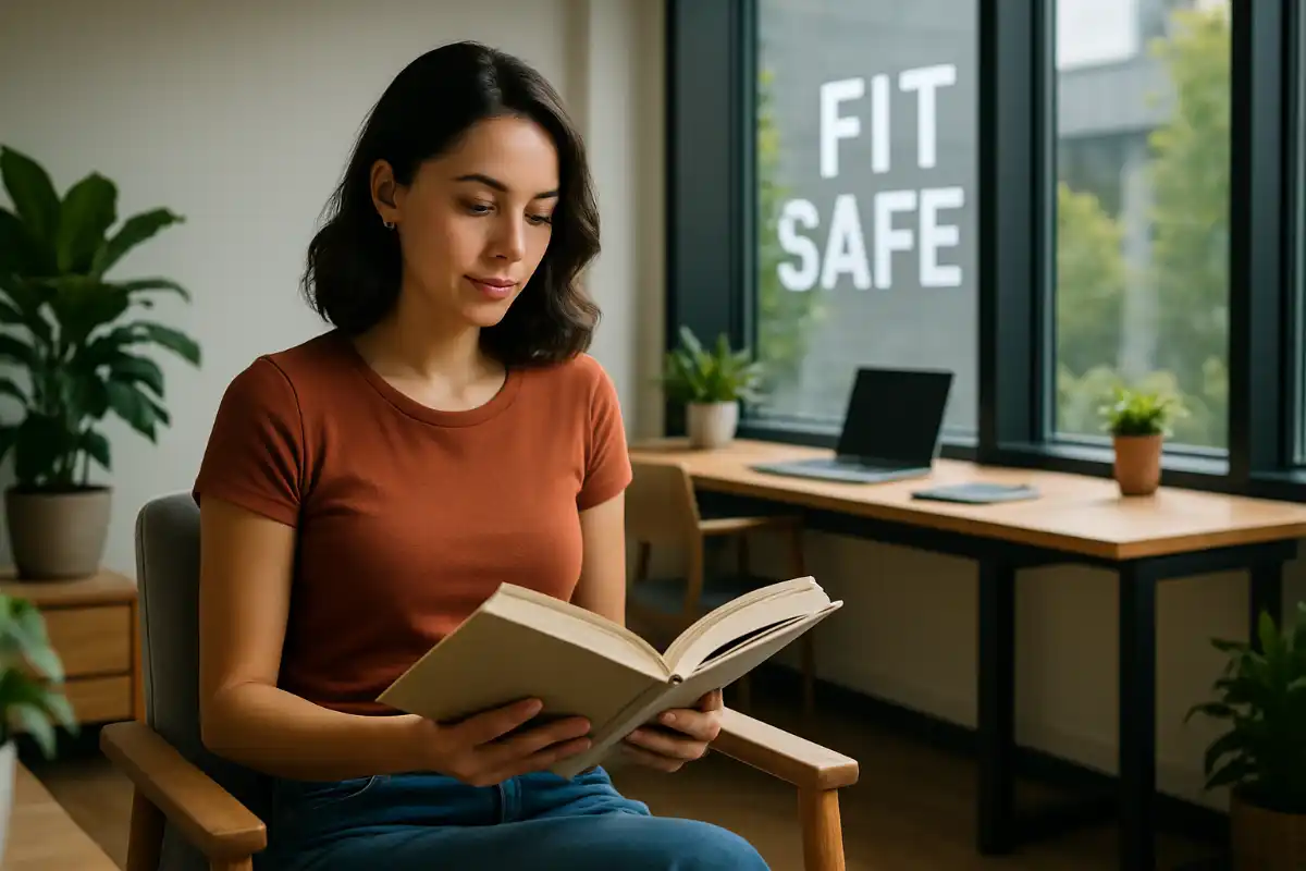 jeune femme lisant dans le bureau FITnSAFE pour stimuler son cerveau