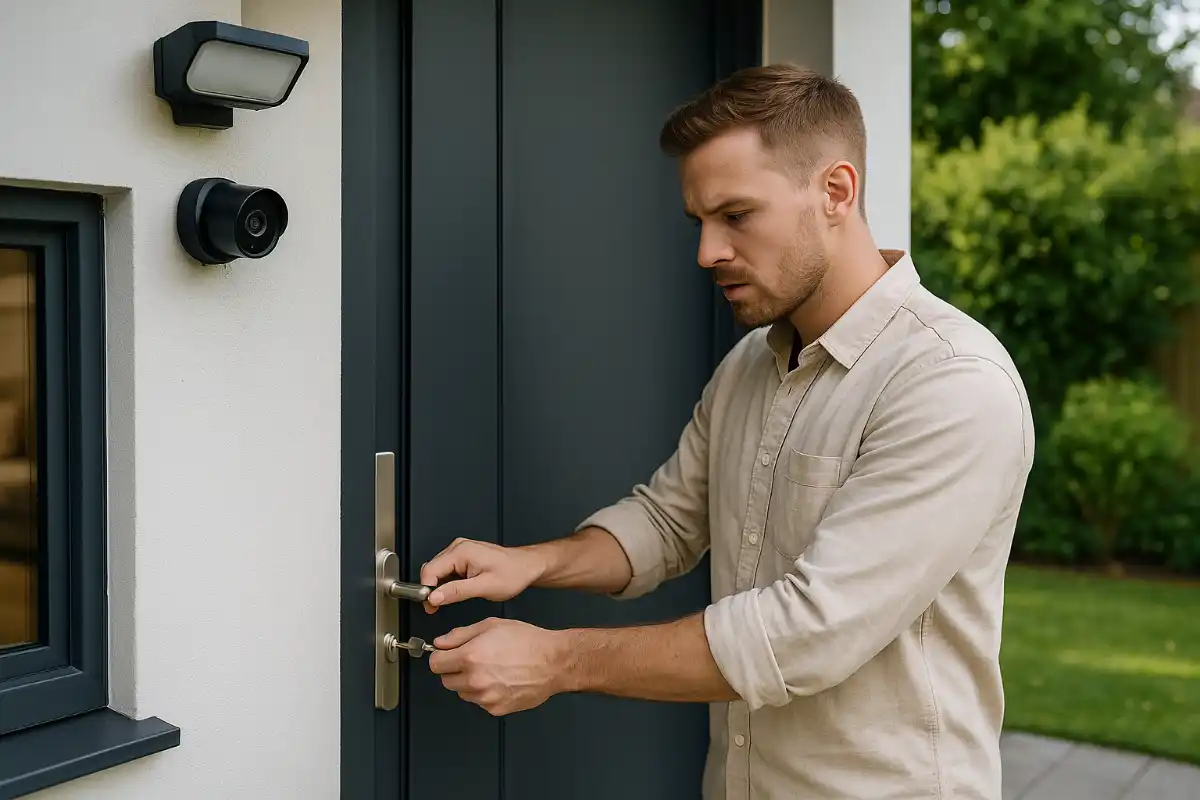 Homme verrouillant une porte équipée d’une serrure renforcée et d’une caméra extérieure FITnSAFE
