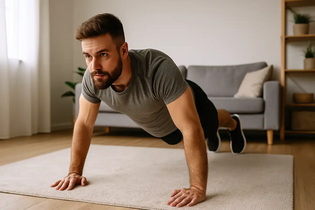 Homme gainage dynamique sur tapis de sol
