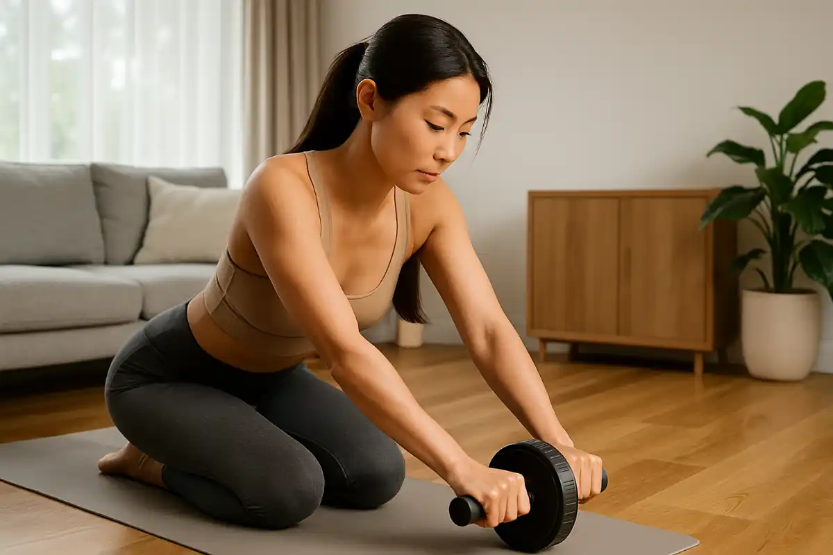 Nina de l’équipe FITnSAFE faisant des squats avec kettlebell dans un salon lumineux