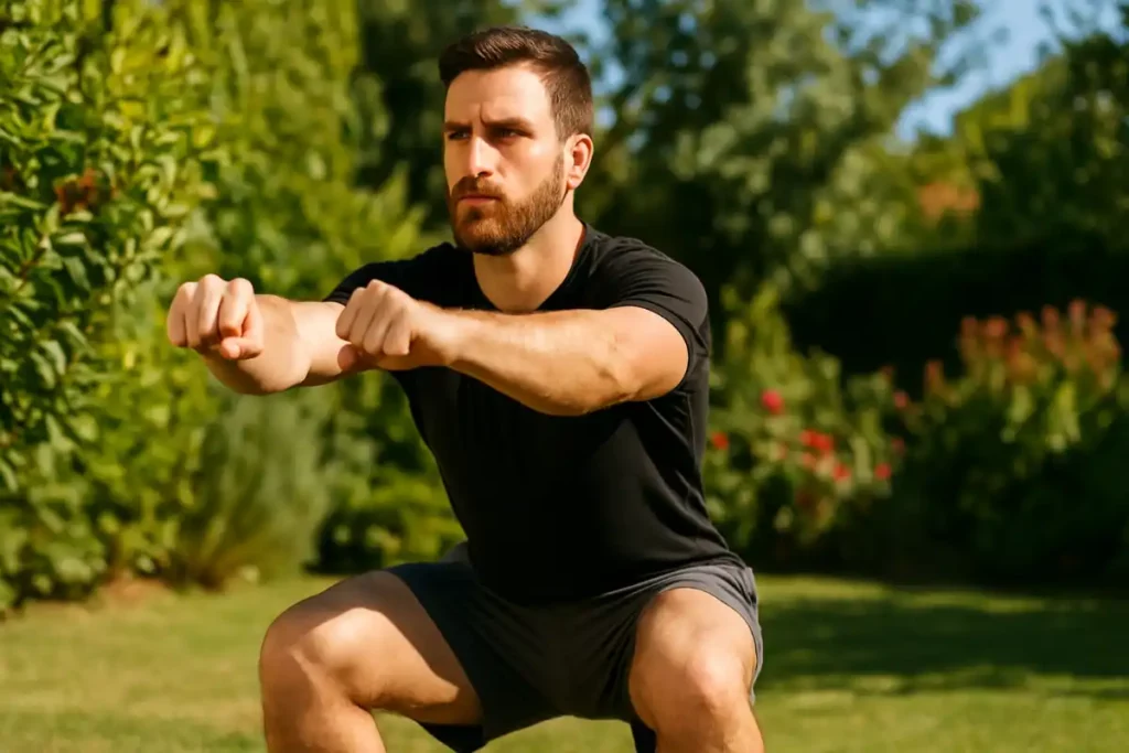 Homme en squat dans jardin