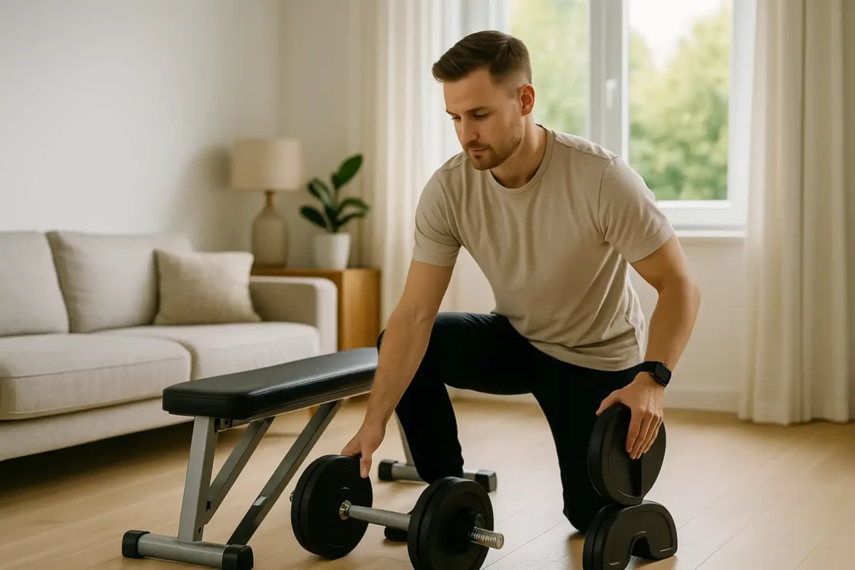 Teddy installe son banc et ses haltères pour créer un home gym efficace dans son salon