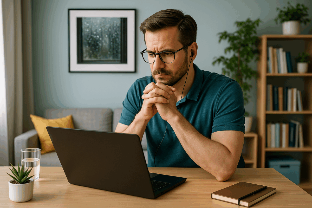 homme concentré travaillant sur ordinateur portable dans un bureau maison moderne, plantes et décoration zen