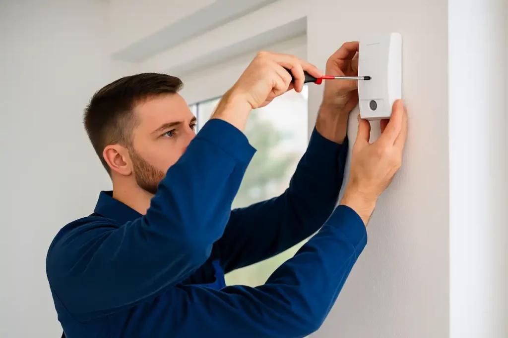 Un technicien installe un système d’alarme domestique sur un mur intérieur, concentré et équipé de matériel professionnel.
