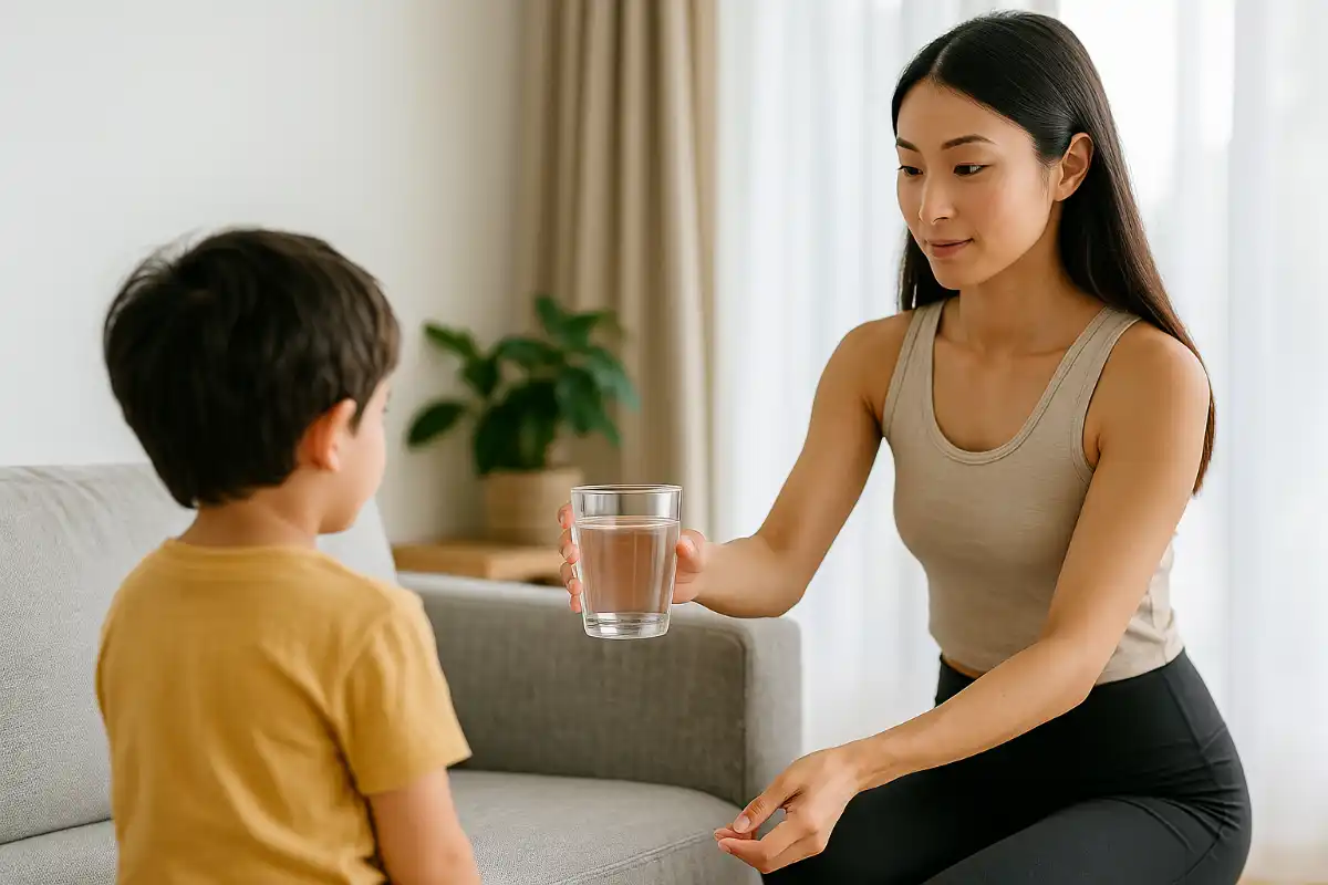 Nina tend un verre d’eau à son enfant vu de dos pour l’aider à se réhydrater après une intoxication alimentaire