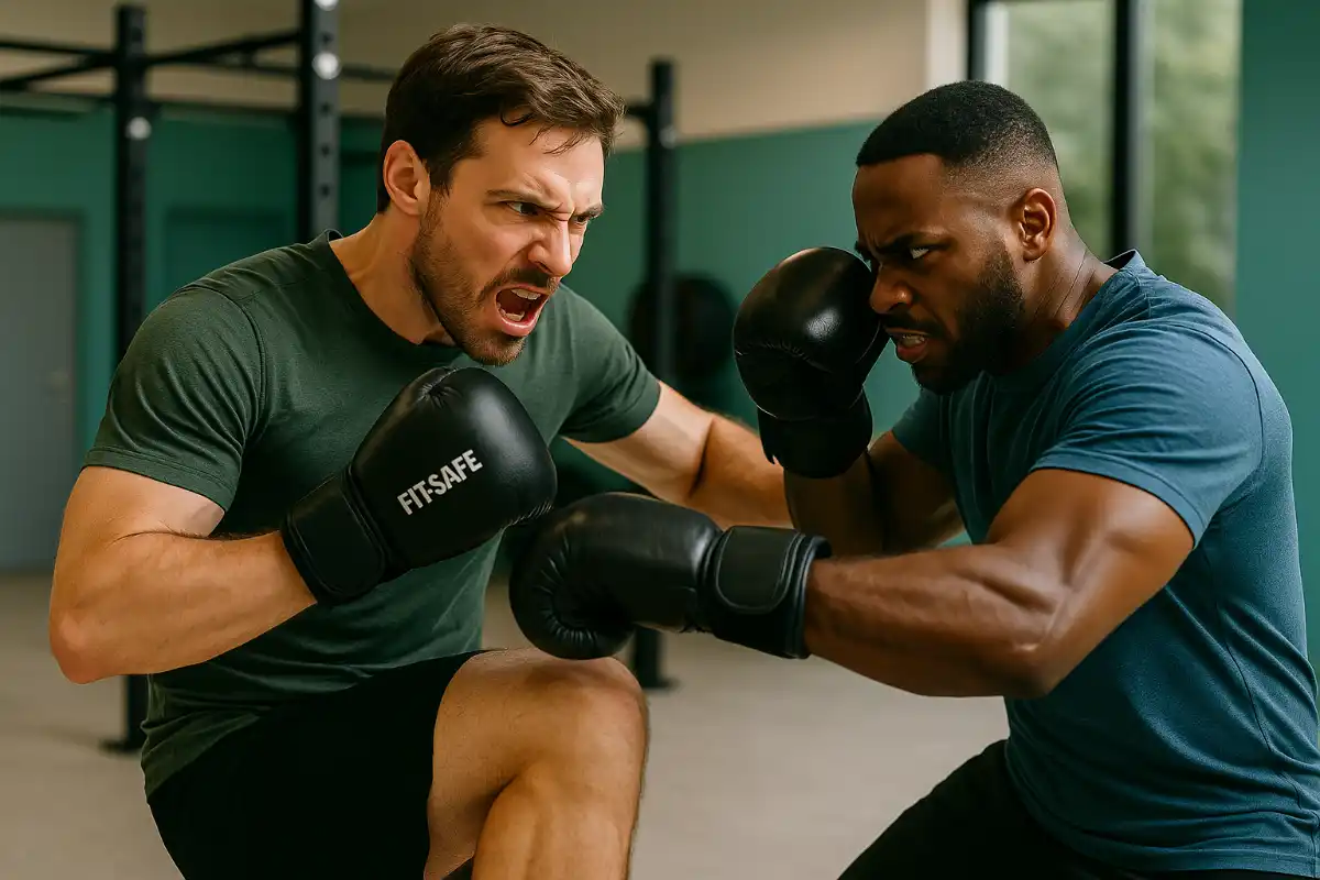 Deux membres de l’équipe FITnSAFE en tenue de combat s’entraînent au Krav Maga dans un duel intense, expressions tendues et gestes puissants