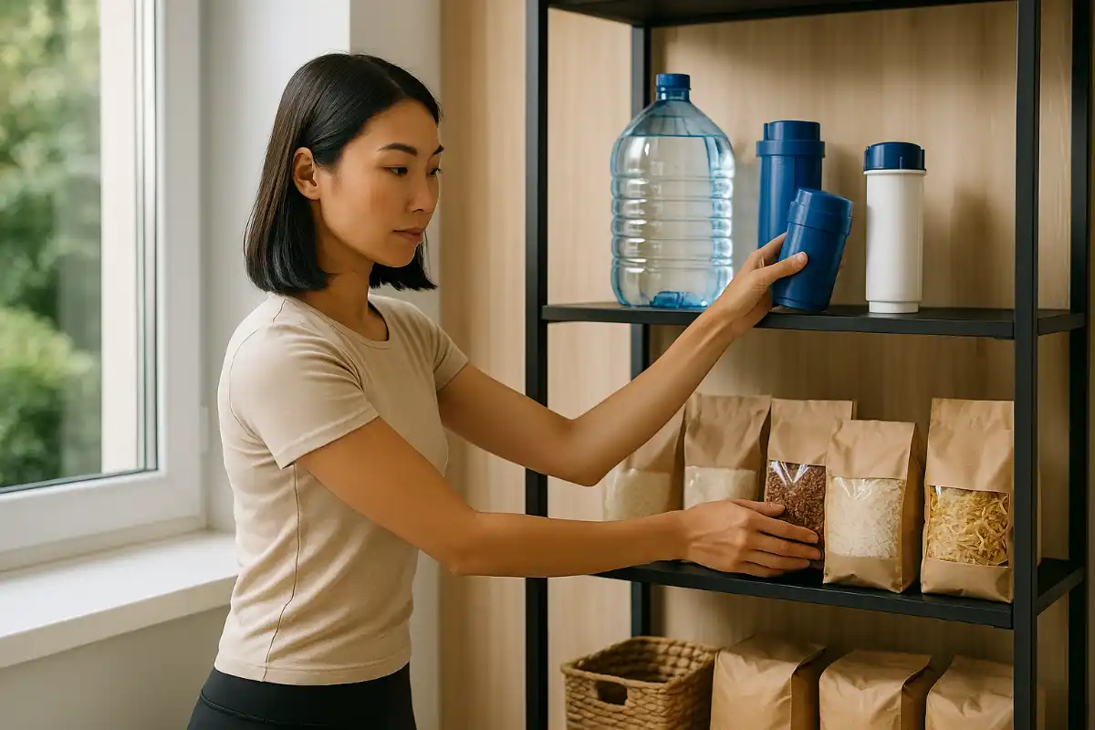 Jeune femme rangeant filtres à eau et sacs de nourriture pour sécuriser ses ressources, illustrant la maison autonome