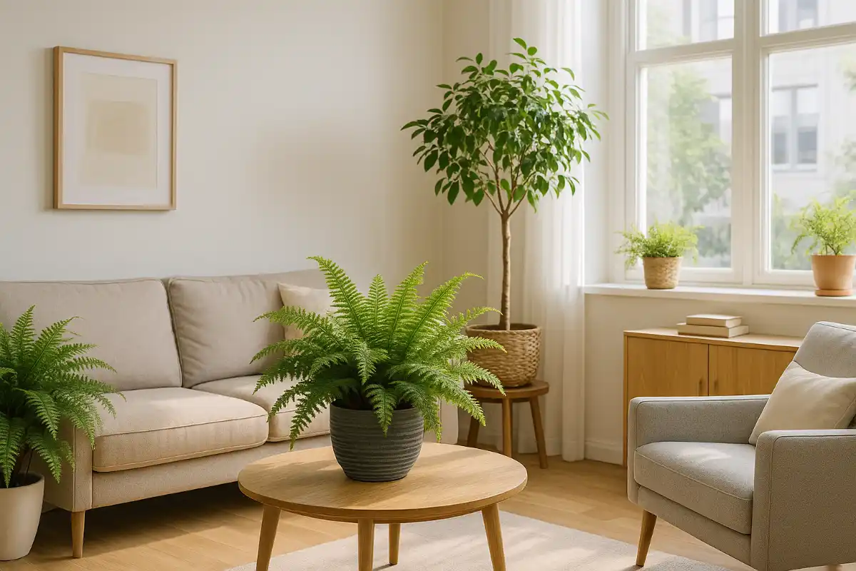 fougères et ficus dans un salon lumineux pour purifier l’air intérieur