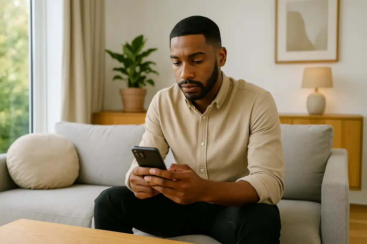 Philippe consulte son smartphone pour gérer ses applis de sécurité personnelle depuis son salon