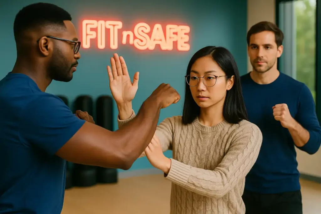 Trois membres de l’équipe FITnSAFE en pleine démonstration de techniques de self-défense dans un espace d’entraînement moderne