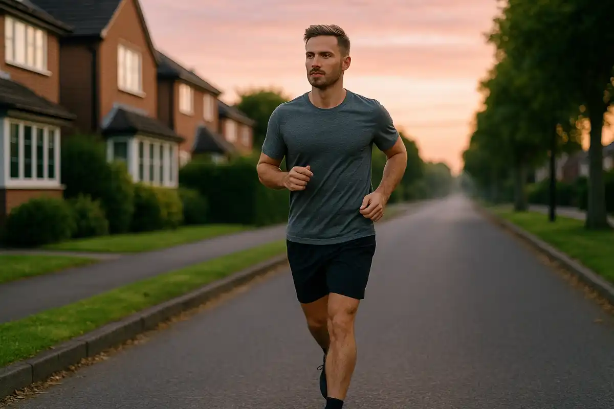 Teddy court doucement au lever du soleil dans une rue calme, illustrant les bienfaits du sport à jeun santé