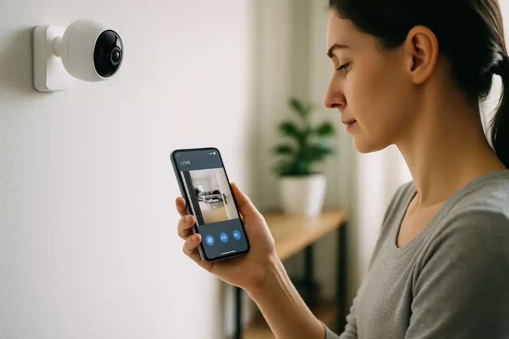 Femme surveille maison sur smartphone