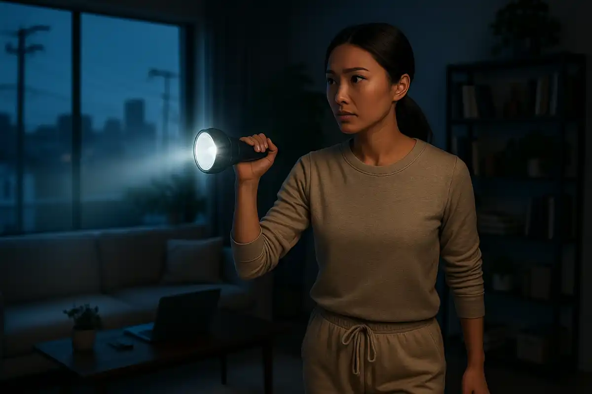 Jeune femme avec lampe torche explore son salon pendant une panne d’électricité, illustrant la survie urbaine coupure de courant