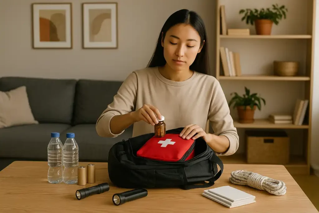 Jeune femme préparant un sac d’urgence avec kit médical, lampes et bouteilles d’eau pour anticiper une coupure de courant en ville